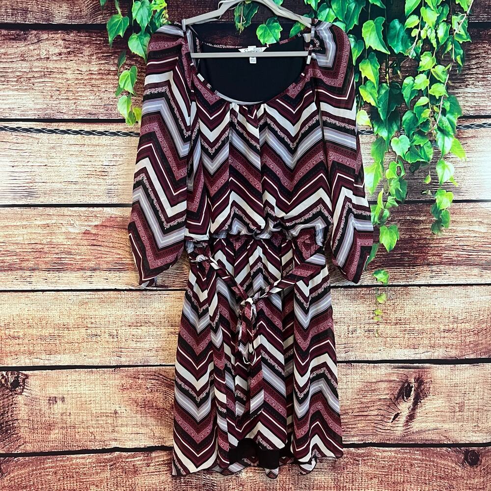 Vintage Speechless Chevron Dress Womens 2X Mini Midi Purple Belted Scoop Neck